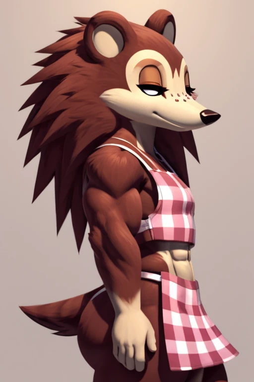 a digital sideview artwork of sable with abs wearing a crop top of her  pink apron with a bare midriff and a bare navel, trending on artstation, 4k, anthro style, furry