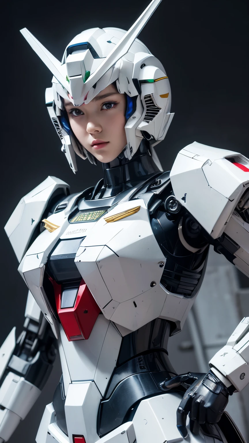 Textured skin, Super Detail, high details, High quality, Best Quality, hight resolution, 1080p, hard disk, Beautiful,(Gundam),beautiful cyborg woman,Mecha Cyborg Girl,Battle Mode,Girl with a Mecha Body,She wears a futuristic Gundam mecha,Fulll body Shot