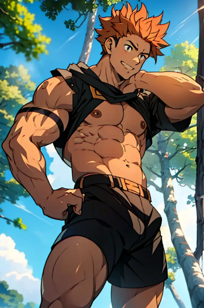 (canto da foto de baixo para cima) (imagem da mais alta qualidade) Lion man ,real, jovem, , vestindo shorts, virilha saliente, imagem de anime, Leaning against a tree, pernas bem abertas, male face, bonito rosto jovem, cabelo subcortado, huge muscle muscles of the chest, large strong thigh muscles, Biceps Sinewy muscles, Corpo enorme, corpo tonificado devido ao treinamento intenso, Well-developed muscles, ABS transparente de 8 embalagens, 3 metros de altura, topless, , pele brilhante, rede de suor pingando, hands on thighs, bare feet, Sem barba,Thick Legs,