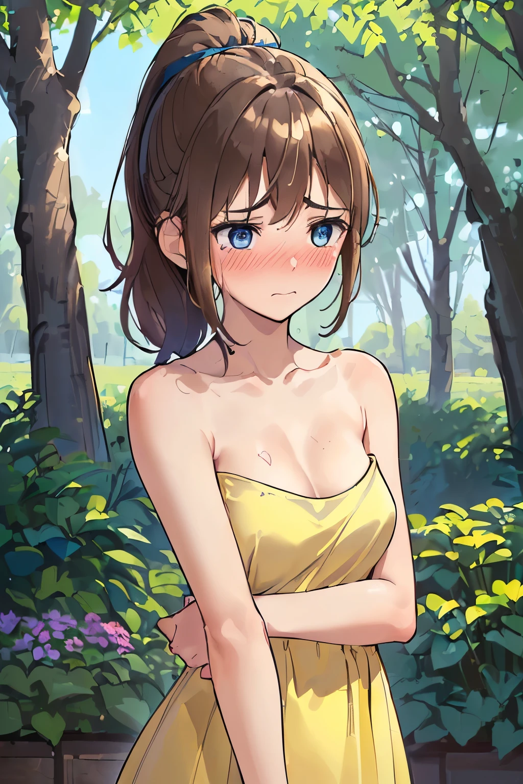 ((best quality)), ((masterpiece)), ((detailed)), (((perfect face))), (((18yo age girl))), (((medium breasts))), (((yellow sundress))), ((dark brown hair)), ((short ponytail)), (((blue eyes))), (((shy:1.3))), (((blushing:1.5))), (((bare arms))), (((bare shoulders))), (((garden, trees)))), (((standing))), (((((topless))))), (((bare chest))), (((shy arms))), (((girl looking away))), (((close up on upper body)))