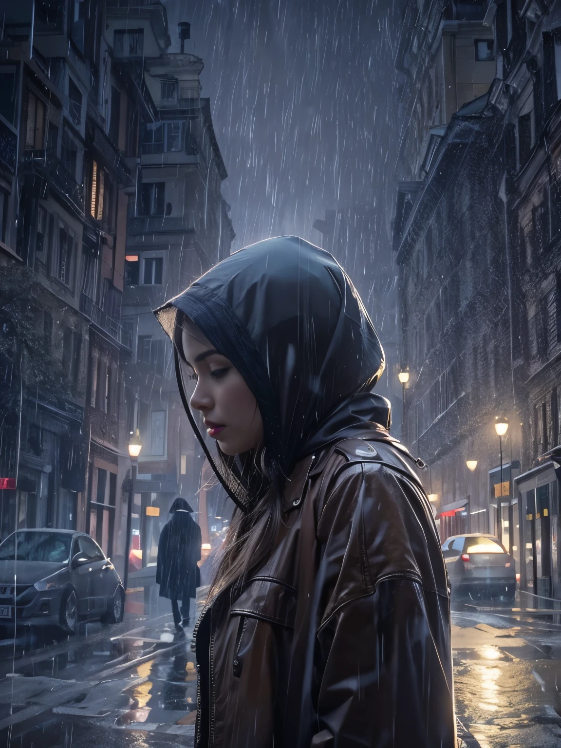 A woman in the pouring rain, her head bowed, is followed by spectres.