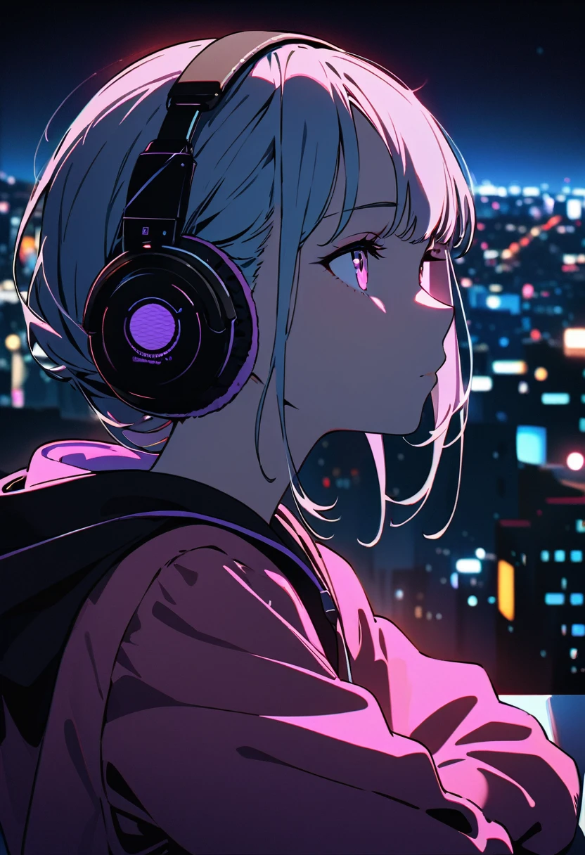 Masterpiece, top-tier quality, 16K UHD, flat color, tween girl, profile,Cityscape at Night, solo, introspective, reflective, contemplative, gaze fixed on the highway, headphones on, hoodie, long exposure photography, light trails crisscrossing the night sky, detailed facial features, highlighted by the city lights, fair skin with a natural glow, rooftop setting with the city's twinkling lights as a backdrop,She's leaning on her elbows on the edge of the roof, fullbody,side angle, ,depth of field,portrait, (best quality, masterpiece, ultra highres, ultra-detailed:1.2) ,