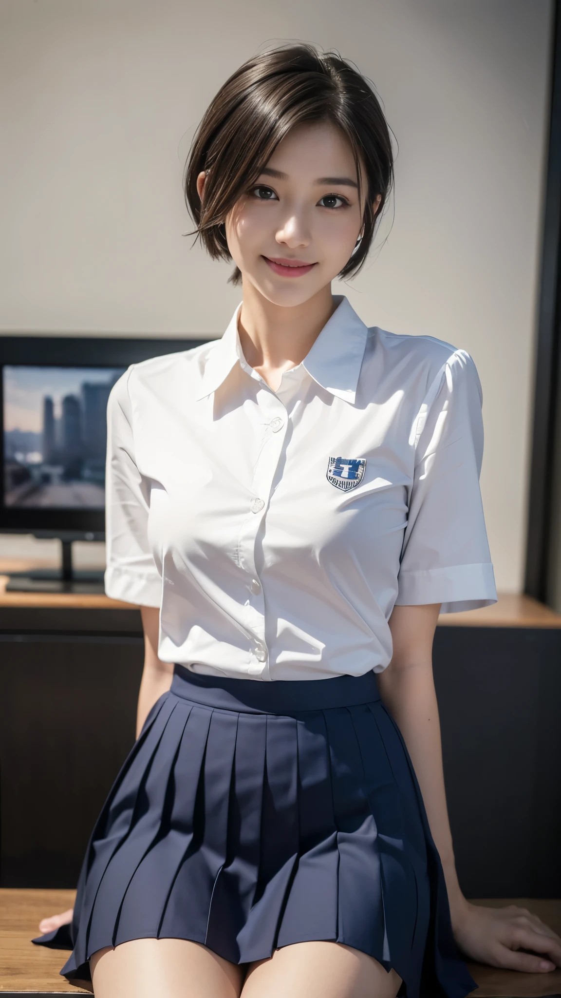 (dramatic angle)(school uniform)Mix 4,ultra detail (8k, RAW Photos, 最high quality, masterpiece: 1.45), (Realistic, Photorealistic: 1.37), (Ultra high definition)(Textured skin)(Very detailed)(high quality)(最high quality)(First Person View)Beauty Women,Sitting,smile,short hair