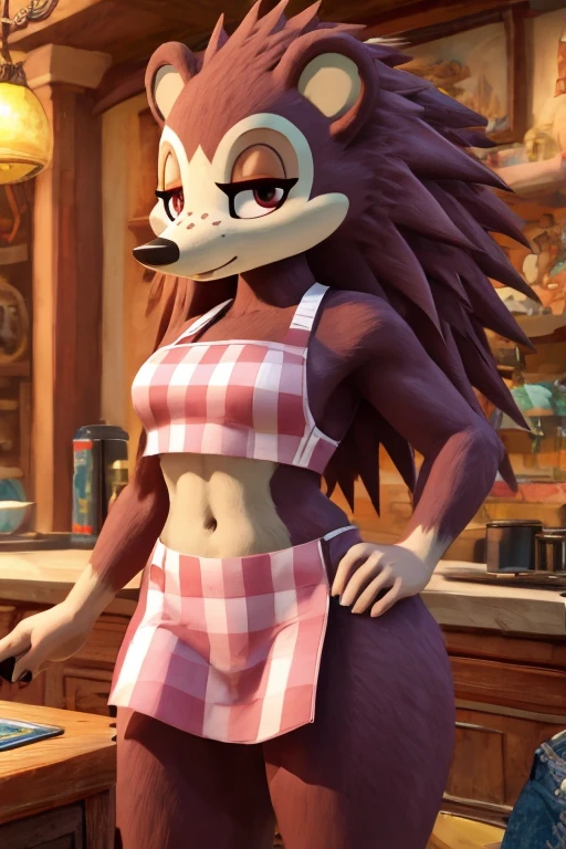 a digital artwork of sable wearing a crop top of her pink apron with a bare midriff and a bare navel, trending on artstation, 4k, anthro style, furry