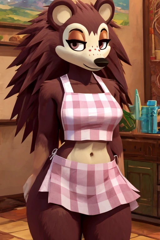 a digital artwork of sable wearing a crop top of her pink apron with a bare midriff and a bare navel, trending on artstation, 4k, anthro style, furry