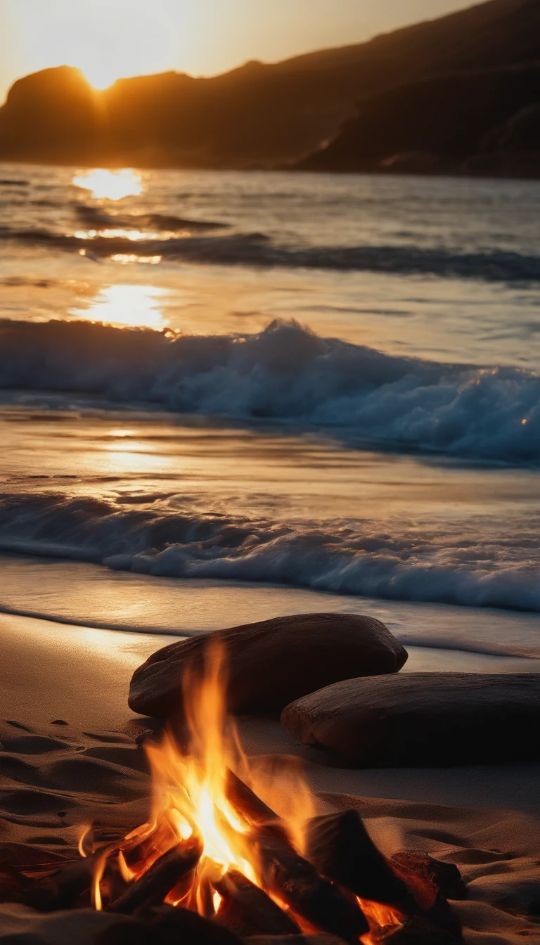A serene morning by the ocean with a campfire burning on the beach, gentle waves in the background, and soft sunlight illuminating the scene