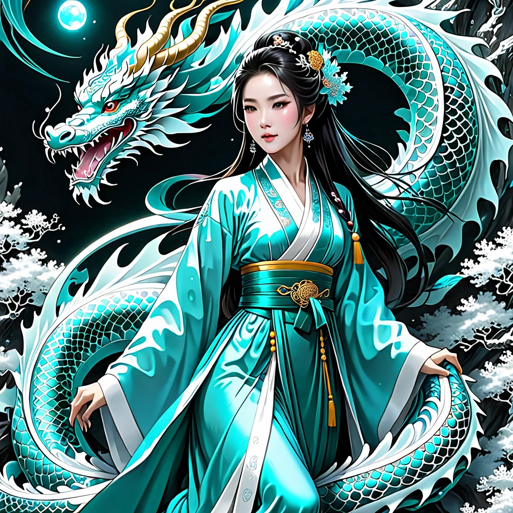*8k Masterpiece, Top Quality, Best Quality, Official Art, (Beauty and Aesthetics: 1.3), Extremely Detailed, (Fractal Art: 1.3), Colorful, Ice and Chinese Dragon, Serpentine Body, Claw, Cyan and 1 Woman, Han Woman's Media, Hanfu, Cyan