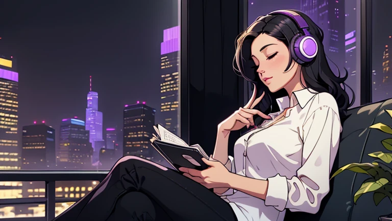 Beautiful woman in her 30s with black hair is sitting with headphones on the cafe terrace. Looking down, eyes closed, LOFI girl, alone in the room, blouse, cozy wallpaper, relaxing mood, night core, cozy, wide glass window with skyscrapers, outside view at night, only five fingers, purple wall, European cityscape