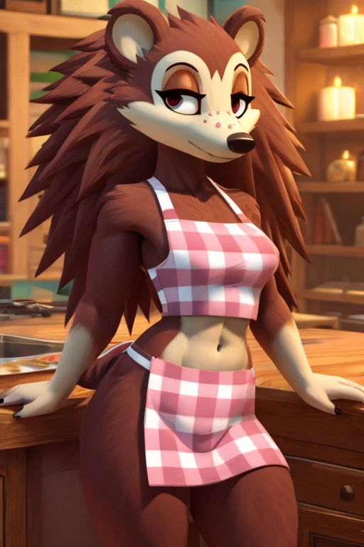 a digital artwork of sable wearing a crop top of her pink apron with a bare midriff and a bare navel, trending on artstation, 4k, anthro style, furry