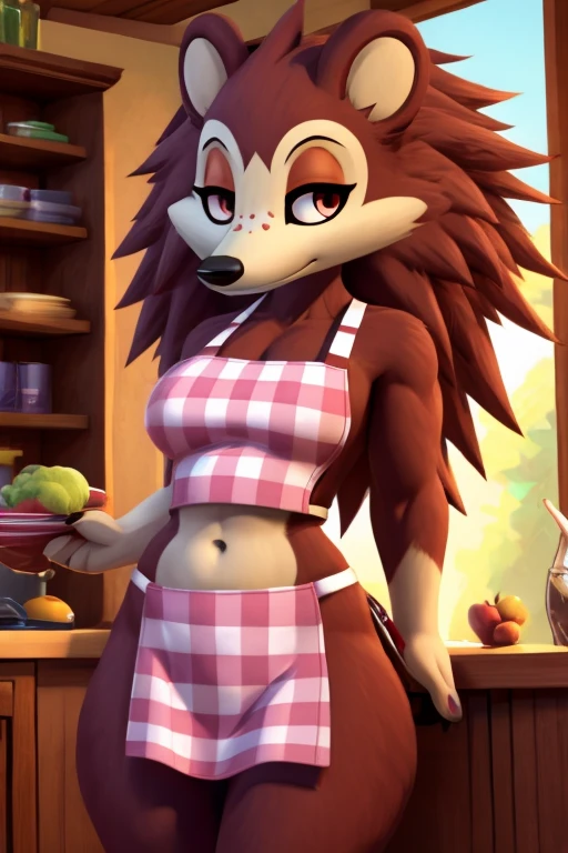 a digital artwork of sable wearing a crop top of her pink apron with a bare midriff and a bare navel, trending on artstation, 4k, anthro style, furry