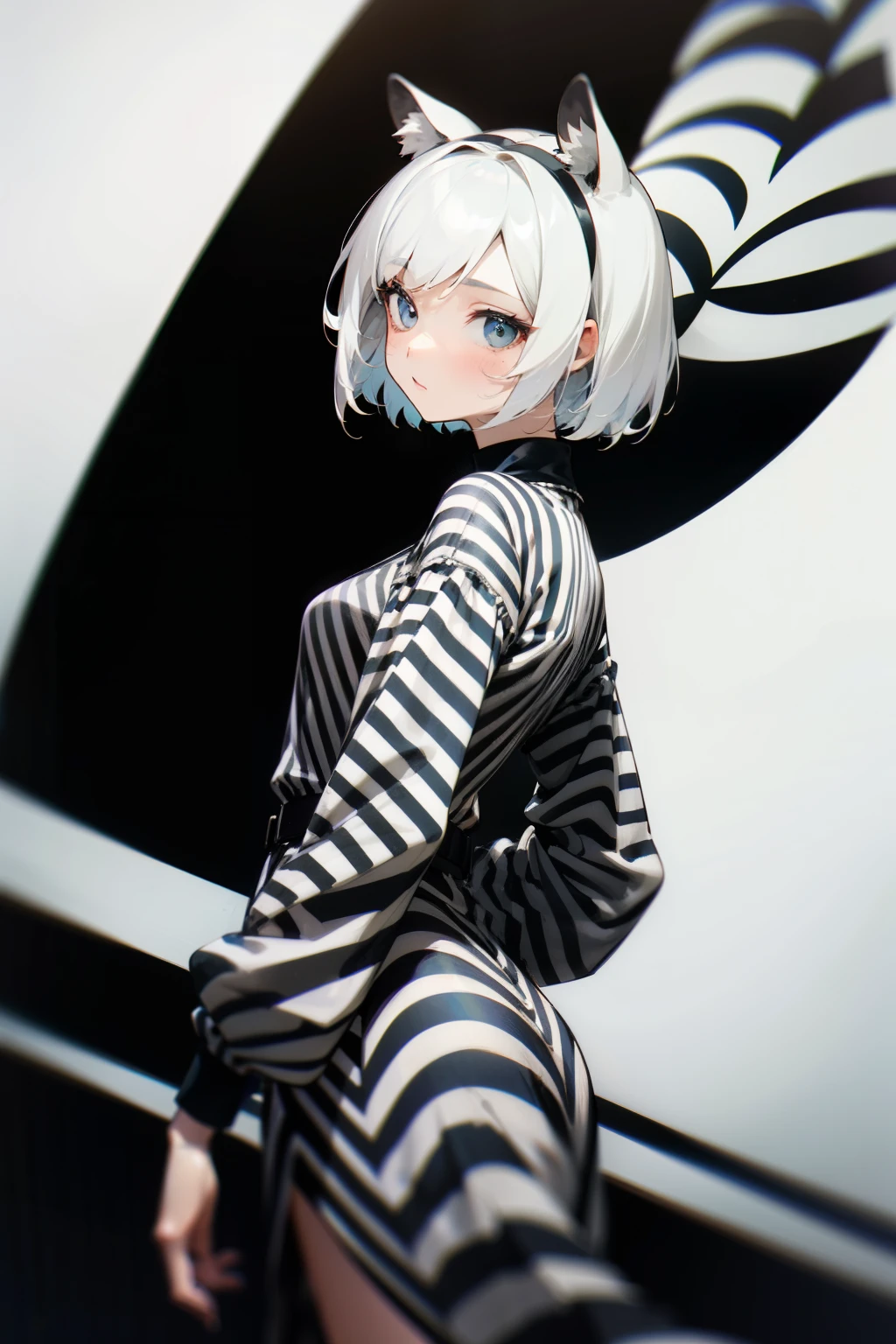 Girl, short white hair, black and white striped clothes like a zebra, zebra ears, 