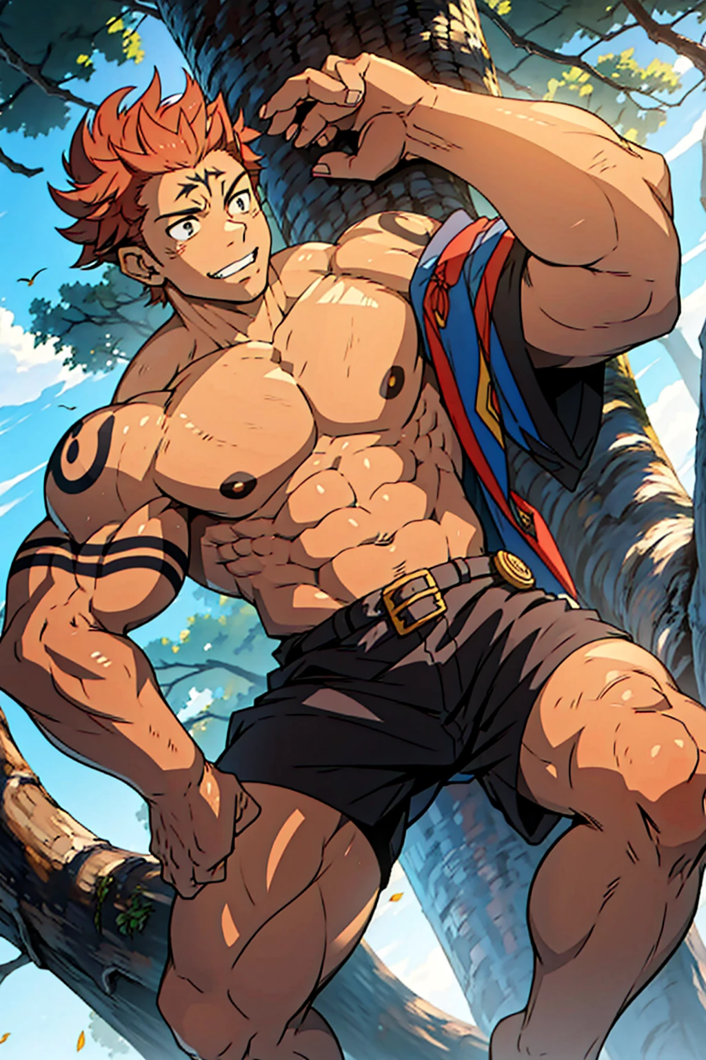 (canto da foto de baixo para cima) (imagem da mais alta qualidade) Lion man ,real, jovem, , vestindo shorts, virilha saliente, imagem de anime, Leaning against a tree, pernas bem abertas, male face, bonito rosto jovem, cabelo subcortado, huge muscle muscles of the chest, large strong thigh muscles, Biceps Sinewy muscles, Corpo enorme, corpo tonificado devido ao treinamento intenso, Well-developed muscles, ABS transparente de 8 embalagens, 3 metros de altura, topless, , pele brilhante, rede de suor pingando, hands on thighs, bare feet, Sem barba，Thick Legs，