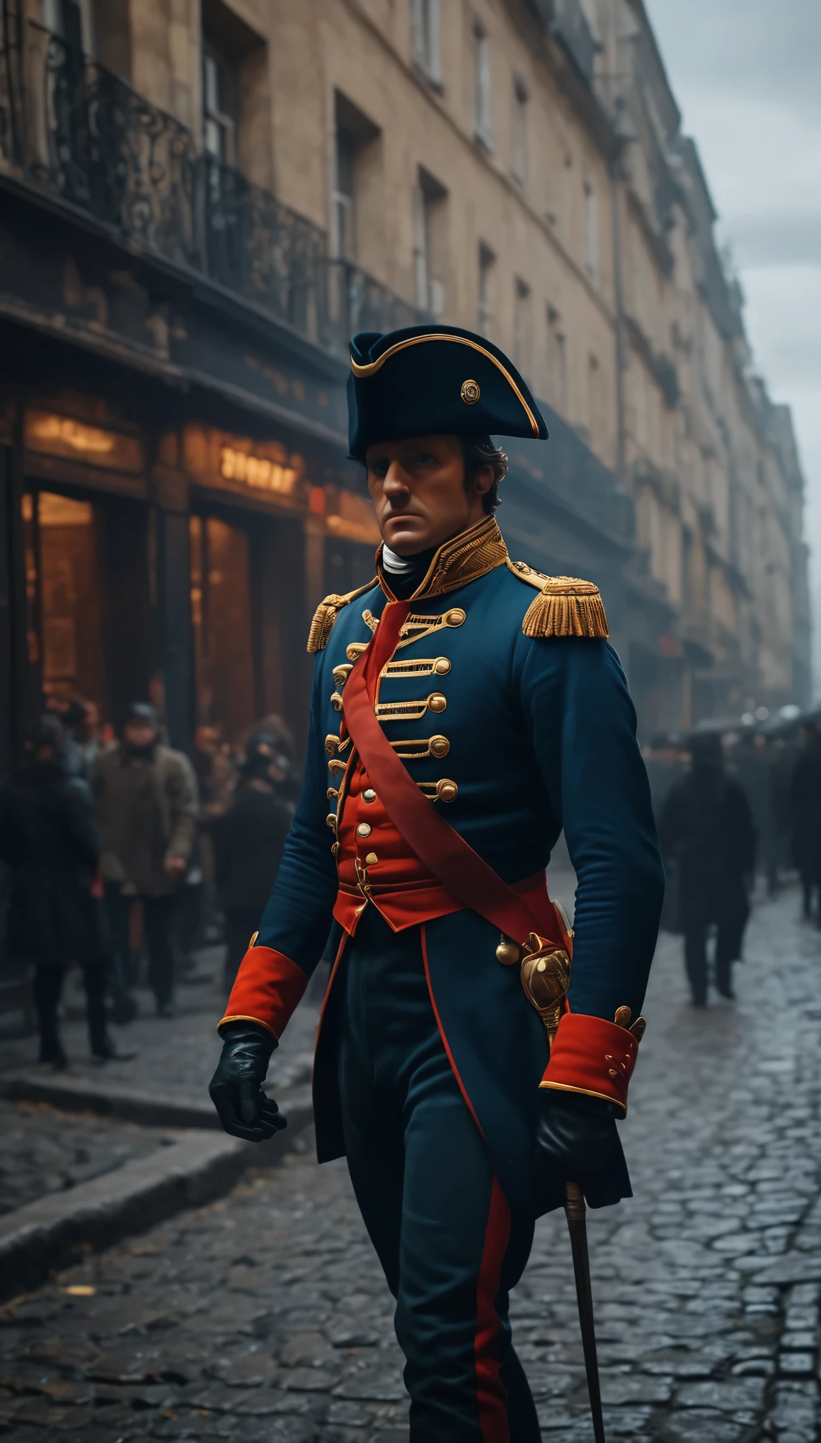 Depict Napoleon's expression as one of frustration and uncertainty as he realizes the city is deserted, in wars, background dark, hyper realistic, ultra detailed hyper realistic, photorealistic, Studio Lighting, reflections, dynamic pose, Cinematic, Color Grading, Photography, Shot on 50mm lens, Ultra-Wide Angle, Depth of Field, hyper-detailed, beautifully color, 8k