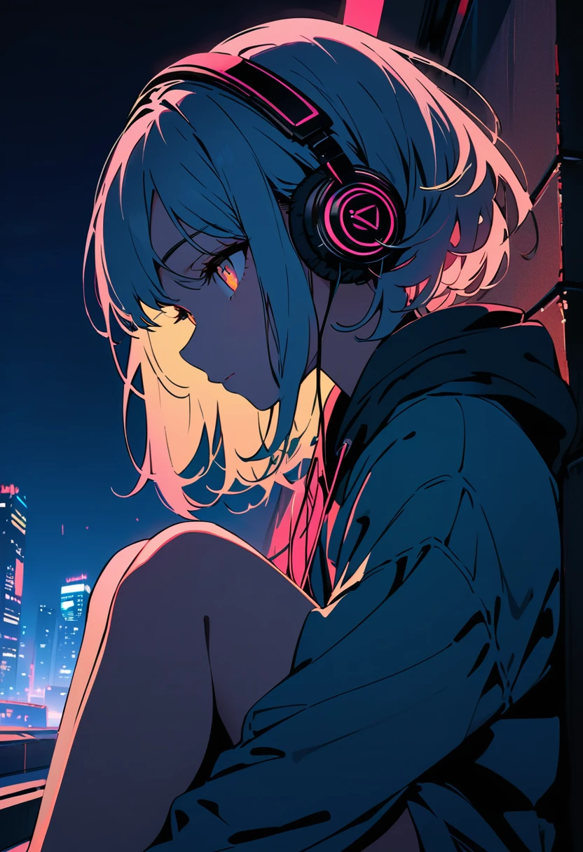 Masterpiece, top-tier quality, 16K UHD, flat color, ten girl, profile,Cityscape at Night, solo, introspective, reflective, contemplative, gaze fixed on the highway, headphones on, hoodie, long exposure photography, light trails crisscrossing the night sky, detailed facial features, highlighted by the city lights, fair skin with a natural glow, rooftop setting with the city's twinkling lights as a backdrop,She's leaning on her elbows on the edge of the roof, (fullbody),side angle, ,depth of field,portrait, (best quality, masterpiece, ultra highres, ultra-detailed:1.2) ,