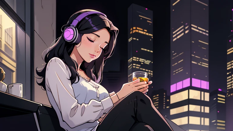 A beautiful young woman in her 20s with straight long  pink hair, wearing headphones, sitting on the terrace of a night cafe, looking down with her eyes closed, lofi girl, western casual attire, jeans, t-shirt, mood, comfortable, Las Vegas, In-N-Out Burger