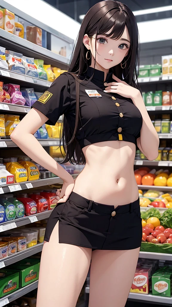 Women in crop top supermarket retail staff button uniform, showing navel, show belly, in supermarket, expose a lot of abdomen area around belly button, realistic bellybutton shape