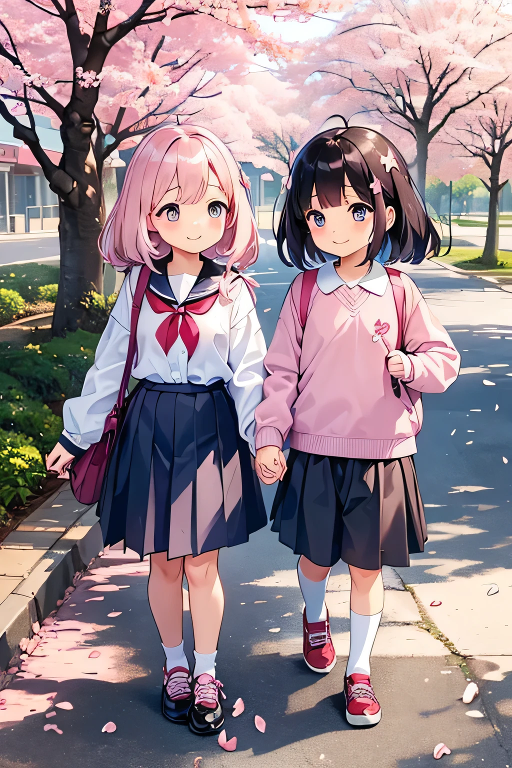 highest quality、High resolution、Detailed Background、(Detailed eyes:1.2)、10 year old beautiful girl、(Highly detailed face:1.4)、Huge breasts、Cute hair color、Cute hairstyle、
Carrying your backpack tightly、Walking energetically with small steps、
(The sight of children happily walking to school holding hands with their friends, chatting with smiles on their faces, and surrounded by falling cherry blossom petals:1.5)、
So cute!、It's soothing to watch.、
The way to school、A moment of fun、
Of girls with exciting hearts、A scene of friendship、
I can't help but smile、Such a day々In the scenery、
Watching over your little back makes me feel kind、
Because we wish for a childlike innocence and healthy growth、
A light blue uniform-style sailor dress with the hope that she will make her life better from now on.、
Stylish and clean-looking T-shirts and polo shirts with designs decorated with frills and ribbons、Skirts and culottes are suitable、Jackets and cardigans are recommended、
The design is decorated with ribbons and lace for a cute look.、Sneakers or flat shoes are recommended