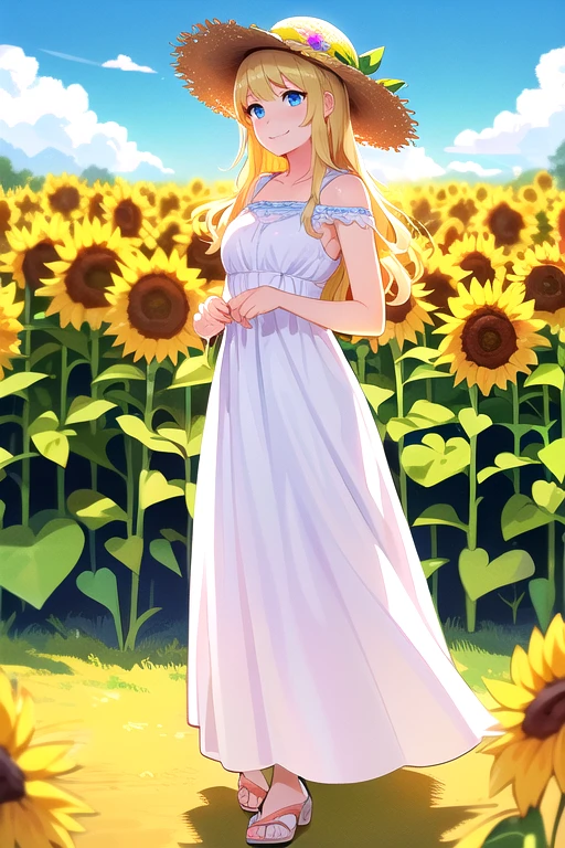 ((highest quality)), ((masterpiece)), (detailed), Perfect Face, anime, Ultra-fine illustration, ((1 person)), Cute girl, smile, Sunflower field, summer, sun, ((Cute long dress)), Straw hat, Blonde Long Hair, Blue Eyes, Full Body Shot,