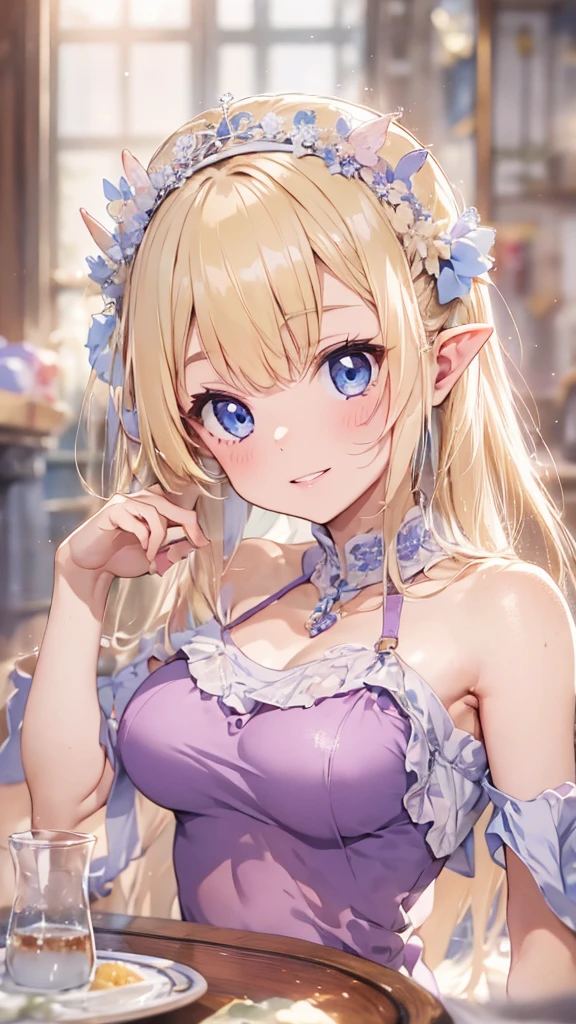 Very close、((Focus on the upper body))、16k、masterpiece、High resolution、High resolution、((1 young elven woman))、((Beautiful white skin))、((Beautiful blonde))、((Small breasts))、Bunhead、short hair、((Beautiful Blue Eyes))、((Pointed Ears))、Smiling Kindly、Grin、blush、Pink Lip Gloss、Shiny skin、((Purple ruffled top))、Open Cafe