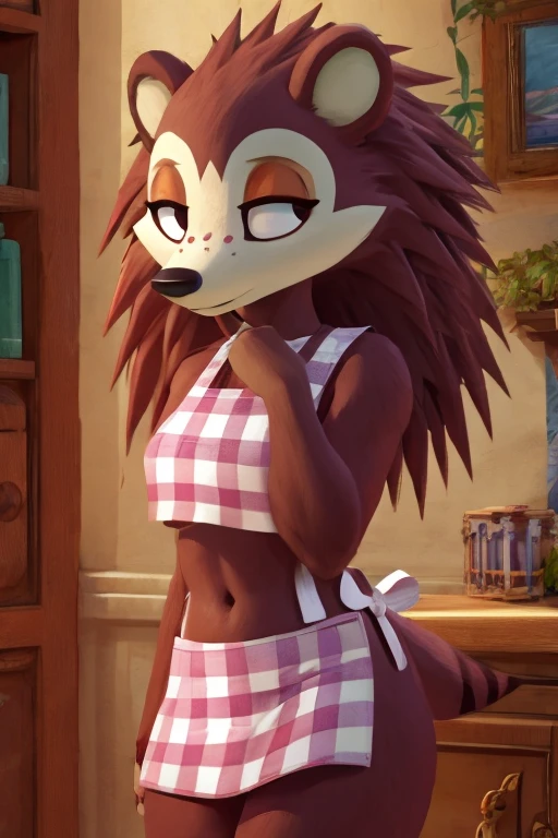 a digital artwork of sable wearing a crop top of her pink apron with a bare midriff and a bare navel, trending on artstation, 4k, anthro style, furry, she is shy