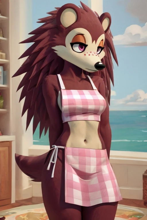 a digital artwork of sable wearing a crop top of her pink apron with a bare midriff and a bare navel, trending on artstation, 4k, anthro style, furry, she is shy