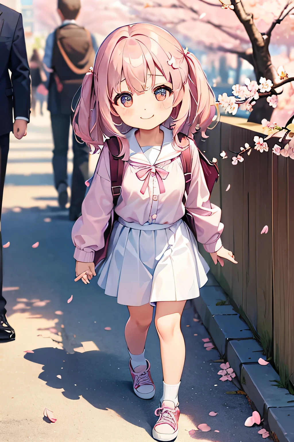 highest quality、High resolution、Detailed Background、(Detailed eyes:1.2)、10 year old beautiful girl、(Highly detailed face:1.4)、Huge breasts、Cute hair color、Cute hairstyle、
Carrying your backpack tightly、Walking energetically with small steps、
(The sight of children happily walking to school holding hands with their friends, chatting with smiles on their faces, and surrounded by falling cherry blossom petals:1.5)、
So cute!、It's soothing to watch.、
The way to school、A moment of fun、
Of girls with exciting hearts、A scene of friendship、
I can't help but smile、Such a day々In the scenery、
Watching over your little back makes me feel kind、
Because we wish for a childlike innocence and healthy growth、
A light blue uniform-style sailor dress with the hope that she will make her life better from now on.、
Stylish and clean-looking T-shirts and polo shirts with designs decorated with frills and ribbons、Skirts and culottes are suitable、Jackets and cardigans are recommended、
The design is decorated with ribbons and lace for a cute look.、Sneakers or flat shoes are recommended