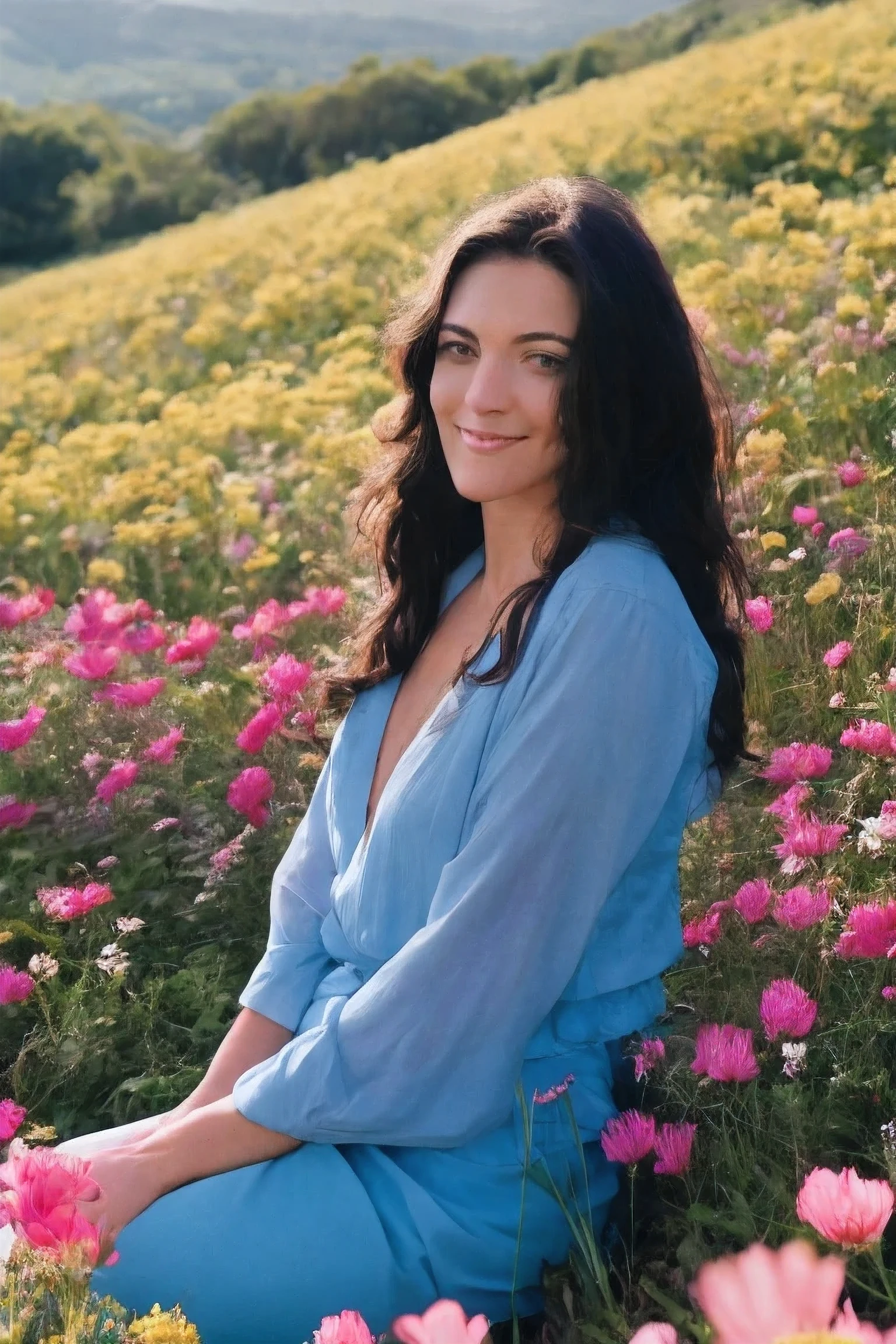 front view, Stunning and happy woman with long curly dark hair.., wearing blue clothes, Sitting in a beautiful flower field.