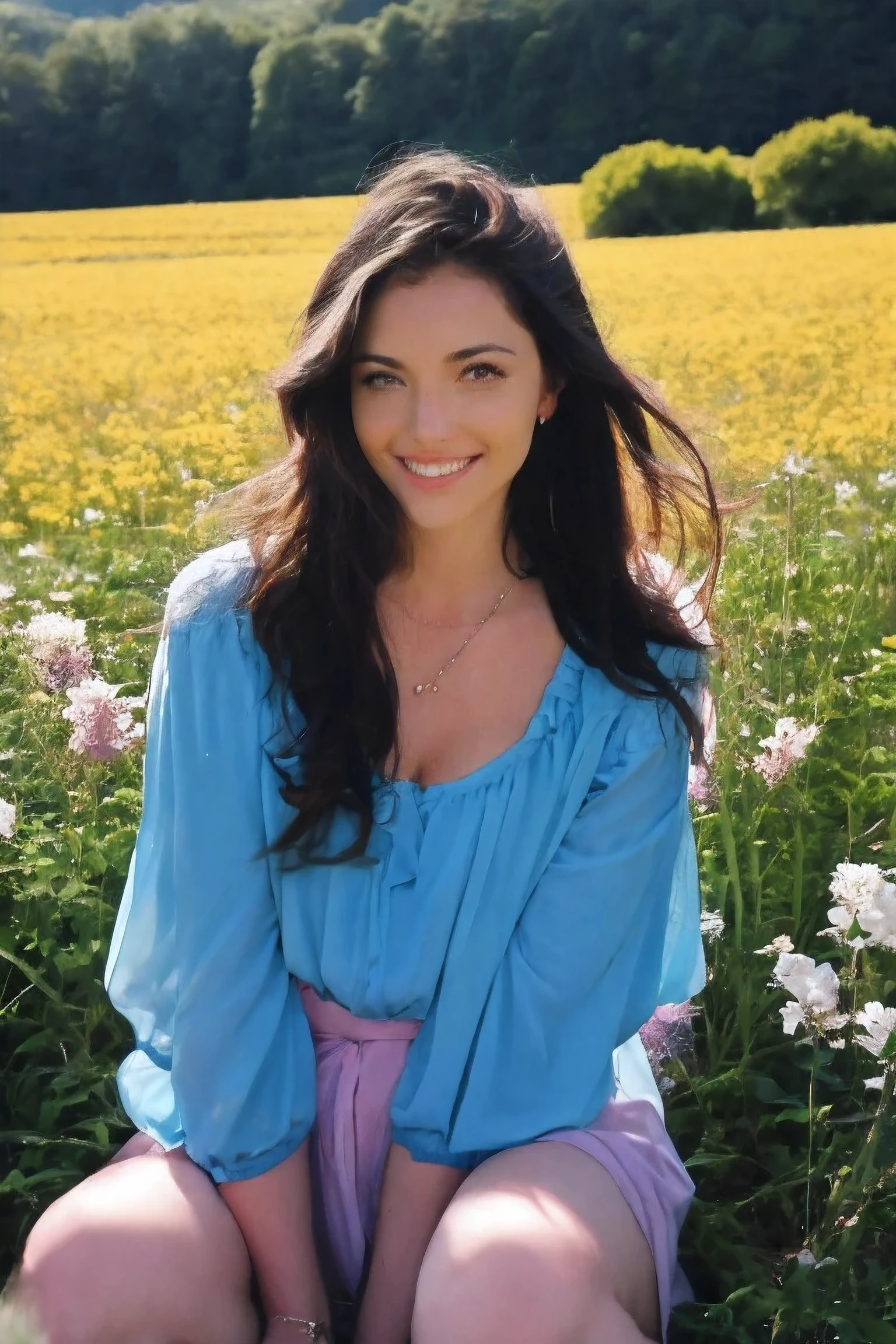 front view, Stunning and happy woman with long curly dark hair.., wearing blue clothes, Sitting in a beautiful flower field.