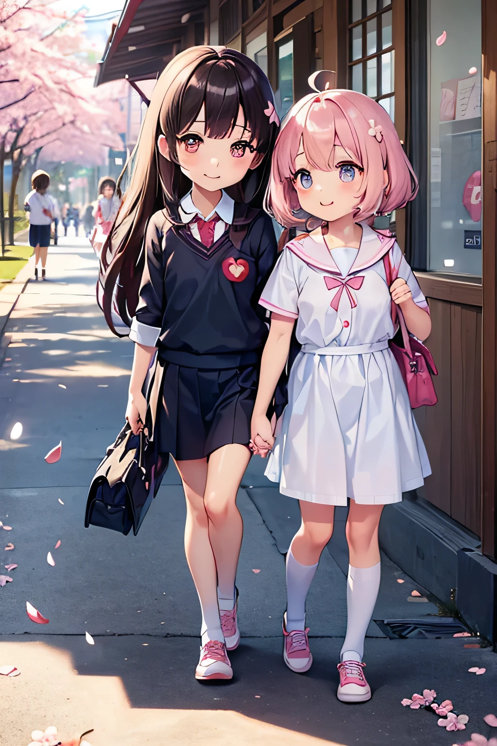 highest quality、High resolution、Detailed Background、(Detailed eyes:1.2)、10 year old beautiful girl、(Highly detailed face:1.4)、Huge breasts、Cute hair color、Cute hairstyle、
Carrying your backpack tightly、Walking energetically with small steps、
(The sight of children happily walking to school holding hands with their friends, chatting with smiles on their faces, and surrounded by falling cherry blossom petals:1.5)、
So cute!、It&#39;s soothing to watch.、
The way to school、A moment of fun、
Of girls with exciting hearts、A scene of friendship、
I can&#39;t help but smile、Such a day々In the scenery、

Watching over your little back makes me feel kind、
Because we wish for a childlike innocence and healthy growth、
A light blue uniform-style sailor dress with the hope that she will make her life better from now on.、
Stylish and clean-looking T-shirts and polo shirts with designs decorated with frills and ribbons、Skirts and culottes are suitable、Jackets and cardigans are recommended、
The design is decorated with ribbons and lace for a cute look.、Sneakers or flat shoes are recommended