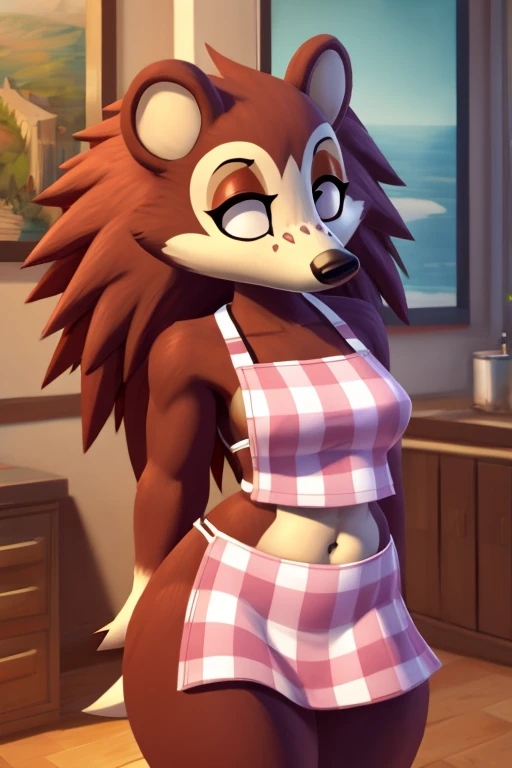 a digital artwork of sable wearing a crop top of her pink apron with a bare midriff and a bare navel, trending on artstation, 4k, anthro style, furry, she is shy