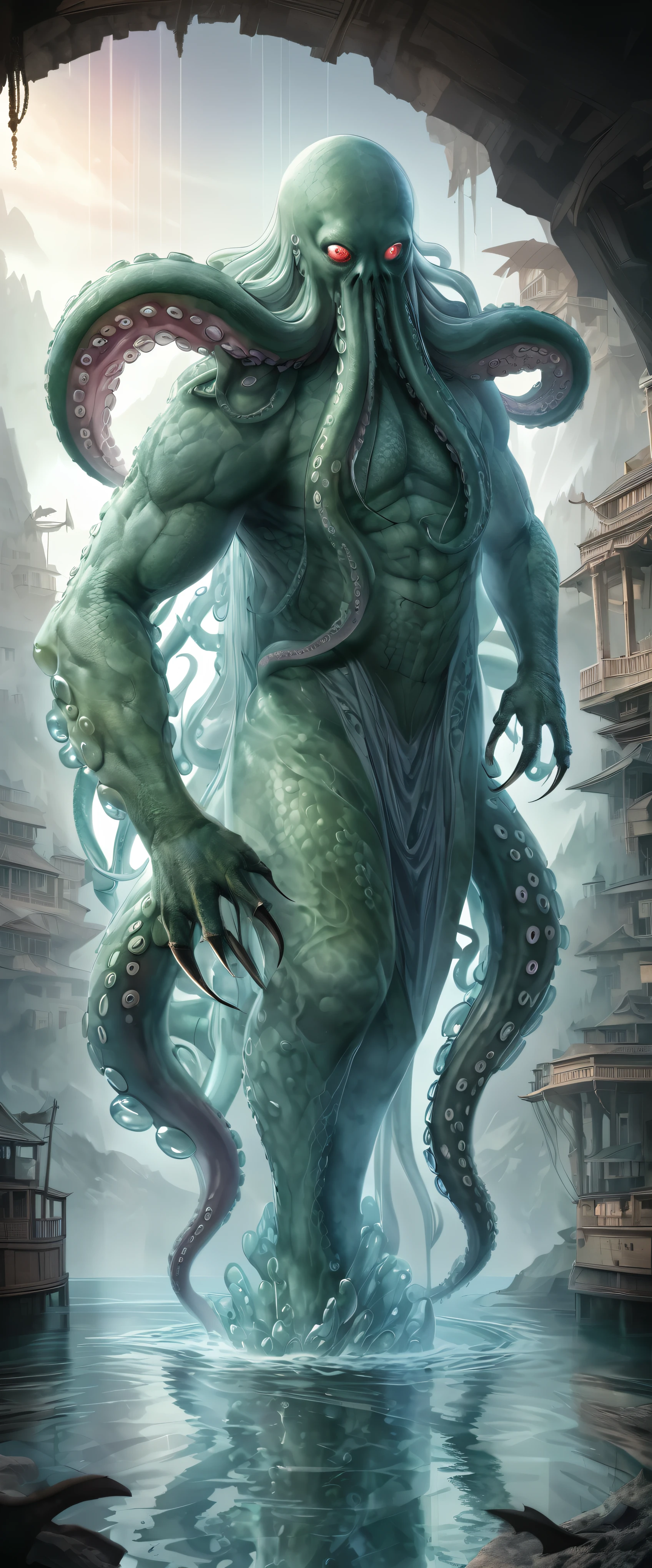 Full color, (transparency:2.0),
Ultra-realism, Watercolor style, Dark Fantasy,
A mountain-sized evil god who walks on two legs in the underwater city of R'lyeh, A perfect body with two arms and two legs, big as a mountain, Mysterious green glowing skin, The Terror of the Universe, lethargy, silence, mystery, Absurd aesthetics,
BREAK Emphasizing the presence of the subject, Detailed and clear depiction, Detailed and realistic skin texture,
BREAK Extremely transparent, Reflection of light, Silky luster, Transparent Pastel Colors, Transparency, For fantastic images,
BREAK Highest Quality, Highest quality, Highest Resolution, Perfect dynamic composition, Shoot from the most attractive perspective, cryptic,
BREAK (6 transparent full color eyes),
(Octopus-like head, Six Absurd Eyes, Transparent6One Red Eye),
(Countless squid tentacles growing from its chin, Tentacles), (Part of the beard is on both arms, Giant clawed hand),
(mountain-like body, Absurdly large, Slimy green-scaly skin, Rubbery lump), Detailed green skin,
(Huge legs with claws, Walk on two legs with webbed feet),
(Dragon-like bat wings on his back, thin),
BREAK Chthulhu, Ultra-realism, Detailed and realistic skin texture, Detailed and intricate texture, Detailed and intricate brushwork, Detailed and clear depiction, Transparent depiction, aesthetic,
BREAK Emphasizing the presence of the subject, Fantastic Fog, Transparent light,
BREAK Cinematic lighting effects, Fantastic iridescent colors, Blacklight, holographic,
BREAK Dynamic Dance, Mysterious Light, Puzzling expressions, Surprise and awe all your viewers,