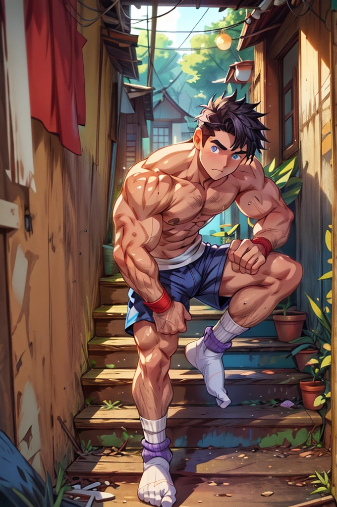 Slightly sideways,closeup of arms,Thick arms,(masterpiece,best quality,H),1 person,Nude boy,Very shy,My face turned red,Shy,muscular,Delicateeyes,nude,(nude),blue eyes,Shirtless,Body,Blue purple short hair,(fluorescent lamp),(Open your legs),((Blue Background)),Shorts with white stripes,White textured socks,(No shoes),Body covered with strong muscles,strong,Broad shoulders,(standing on the steps),(Keep your hands close to your legs),