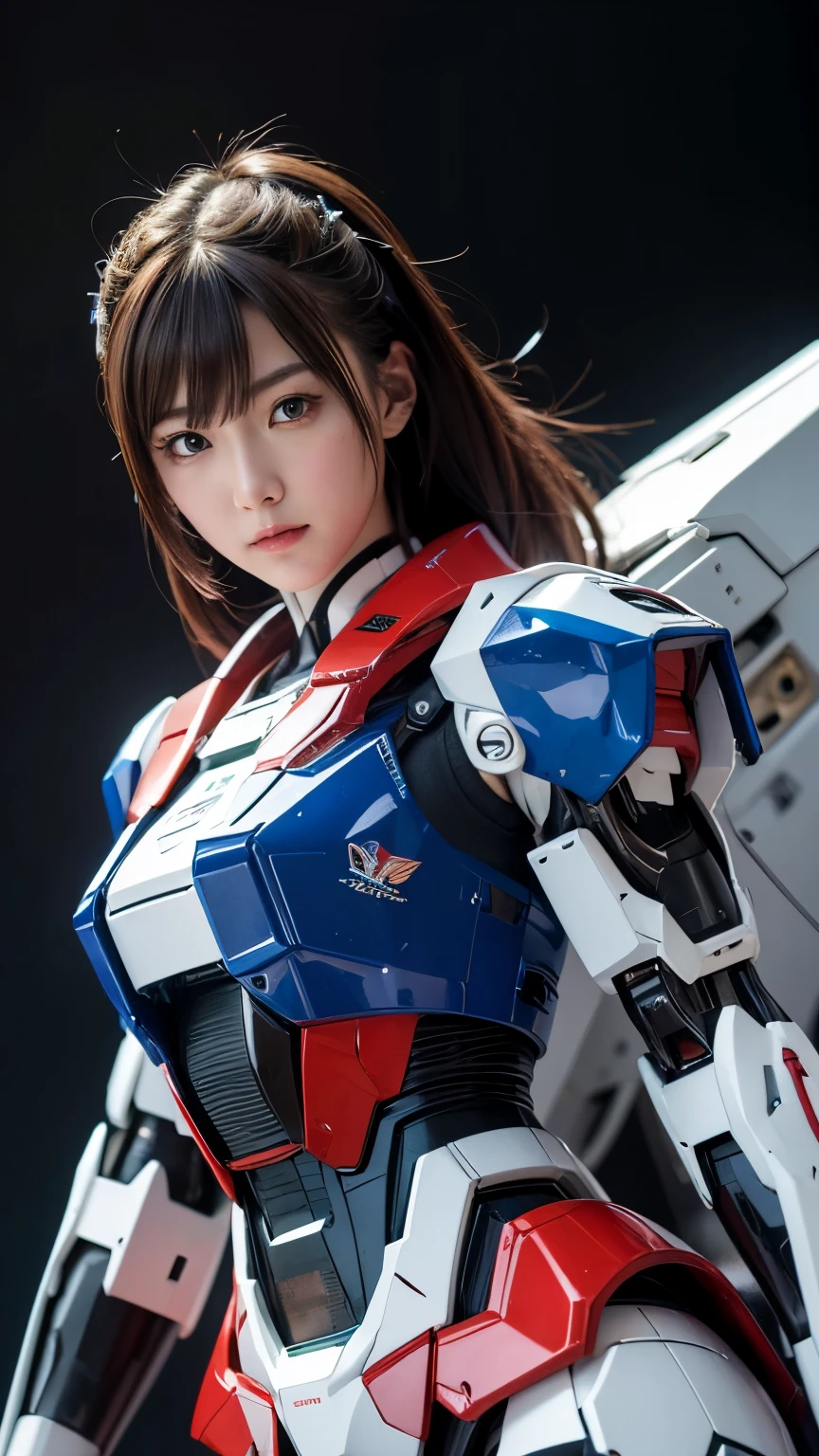 Textured skin, Super Detail, high details, High quality, Best Quality, hight resolution, 1080p, hard disk, Beautiful,(Gundam),beautiful cyborg woman,Mecha Cyborg Girl,Battle Mode,Girl with a Mecha Body,She wears a futuristic Gundam mecha,Fulll body Shot