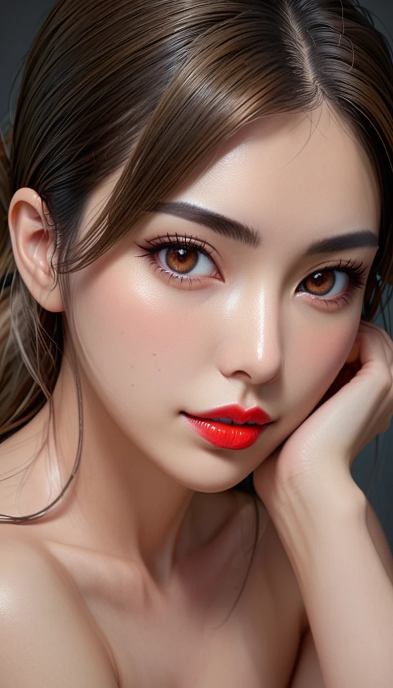 Kasumi, Brown eyes, (highest quality, Super detailed), (Realistic:1.37), Beautiful and elaborate face, Ultra-realistic texture, Delicate face, Delicate body, Red lipstick, Bright colors. High resolution, Well-defined legs, 8k, masterpiece, anatomically correct, anatomically correct, textured skin, high details, best quality, 8k