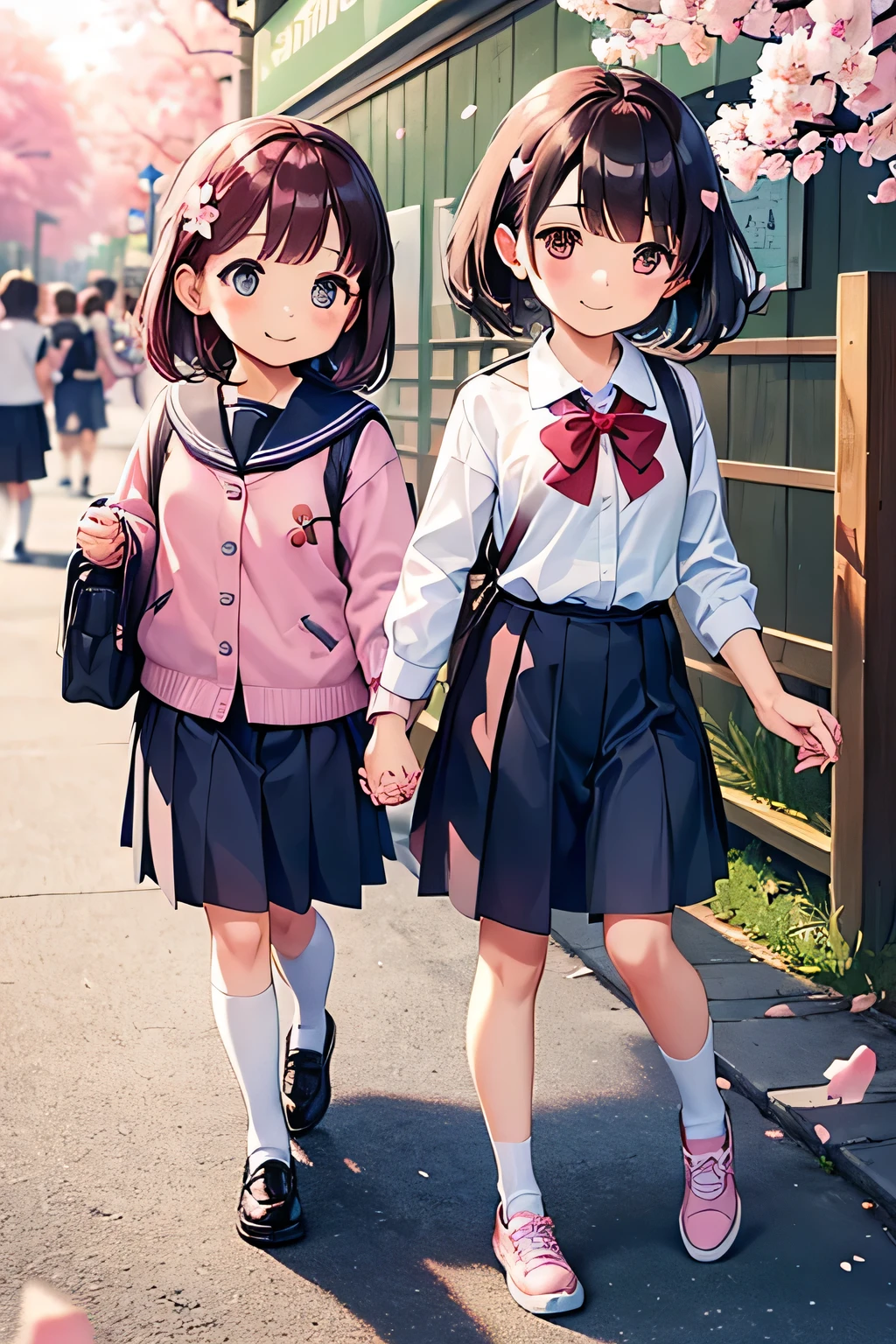 highest quality、High resolution、Detailed Background、(Detailed eyes:1.2)、10 year old beautiful girl、(Highly detailed face:1.4)、Huge breasts、Cute hair color、Cute hairstyle、
Carrying your backpack tightly、Walking energetically with small steps、
(The sight of children happily walking to school holding hands with their friends, chatting with smiles on their faces, and surrounded by falling cherry blossom petals:1.5)、
So cute!、It&#39;s soothing to watch.、
The way to school、A moment of fun、
Of girls with exciting hearts、A scene of friendship、
I can&#39;t help but smile、Such a day々In the scenery、

Watching over your little back makes me feel kind、
Because we wish for a childlike innocence and healthy growth、
A light blue uniform-style sailor dress with the hope that she will make her life better from now on.、
Stylish and clean-looking T-shirts and polo shirts with designs decorated with frills and ribbons、Skirts and culottes are suitable、Jackets and cardigans are recommended、
The design is decorated with ribbons and lace for a cute look.、Sneakers or flat shoes are recommended