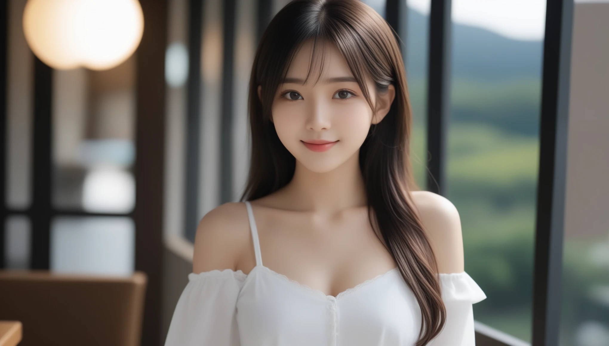 8k, Ultra-high resolution, highest quality, masterpiece, 三分割法によるphotograph,Surreal, photograph, 1 girl, (:1.3), pretty girl, Cute Face, Beautiful eyes in every detail, 細かくdetailedに,masterpiece,, One Girl:1.2, Japan Female Announcer、Beautiful Japanese Women,Black hair fluttering in the wind,Long Straight Hair,((Dress nicely)),Urban Cafes,Morning sunlight,Feeling clean,smile ,Looking at the audience、beauty,Long neck、Laugh a little、Please close your mouth and laugh、(((Ideal body type))),A-cup small breasts :2,whole body、Perfect Anatomy、鮮明なdetailed、detailed、Surreal、Light and shadow,Strong light
