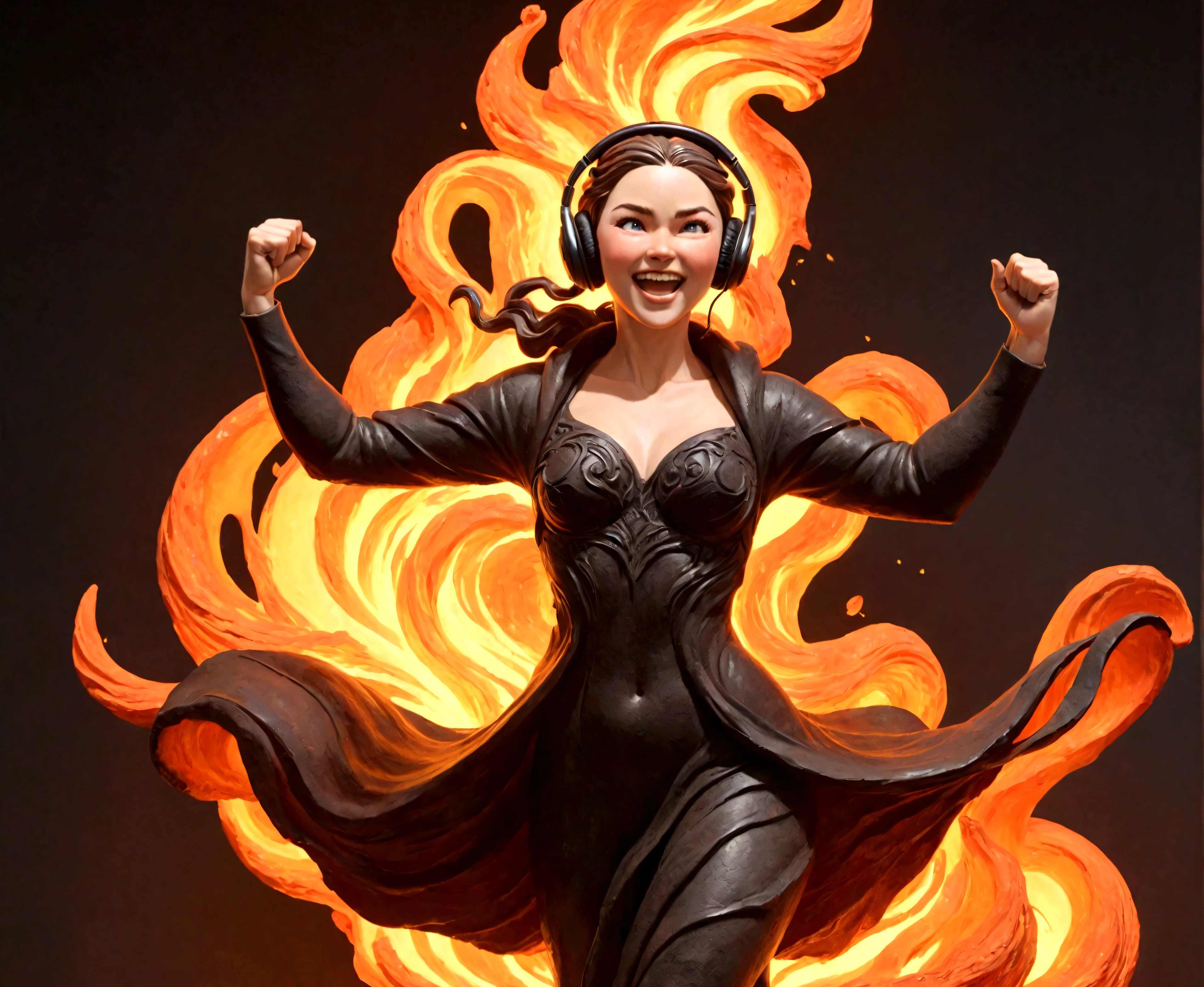  A beautifully sculpted and powerful lava representation of a woman in motion captures the essence of a Renaissance masterpiece. Wearing headphones, raising a fist, winking, let's go! , idol, cute, smiling, gut punch, futuristic full body coordination, attracting audience, bustle, energetic, dynamic position, bright studio, poster-like scene, high tension rhythm, eyes The flowing robes and dynamic pose suggest grace and vigor frozen in time. This stunning sculpture, possibly a lava sculpture, exudes elegance and strength, with intricate details that demonstrate the artist's skill and vision. The blend of classic beauty and fiery intensity makes this piece a true work of art.
