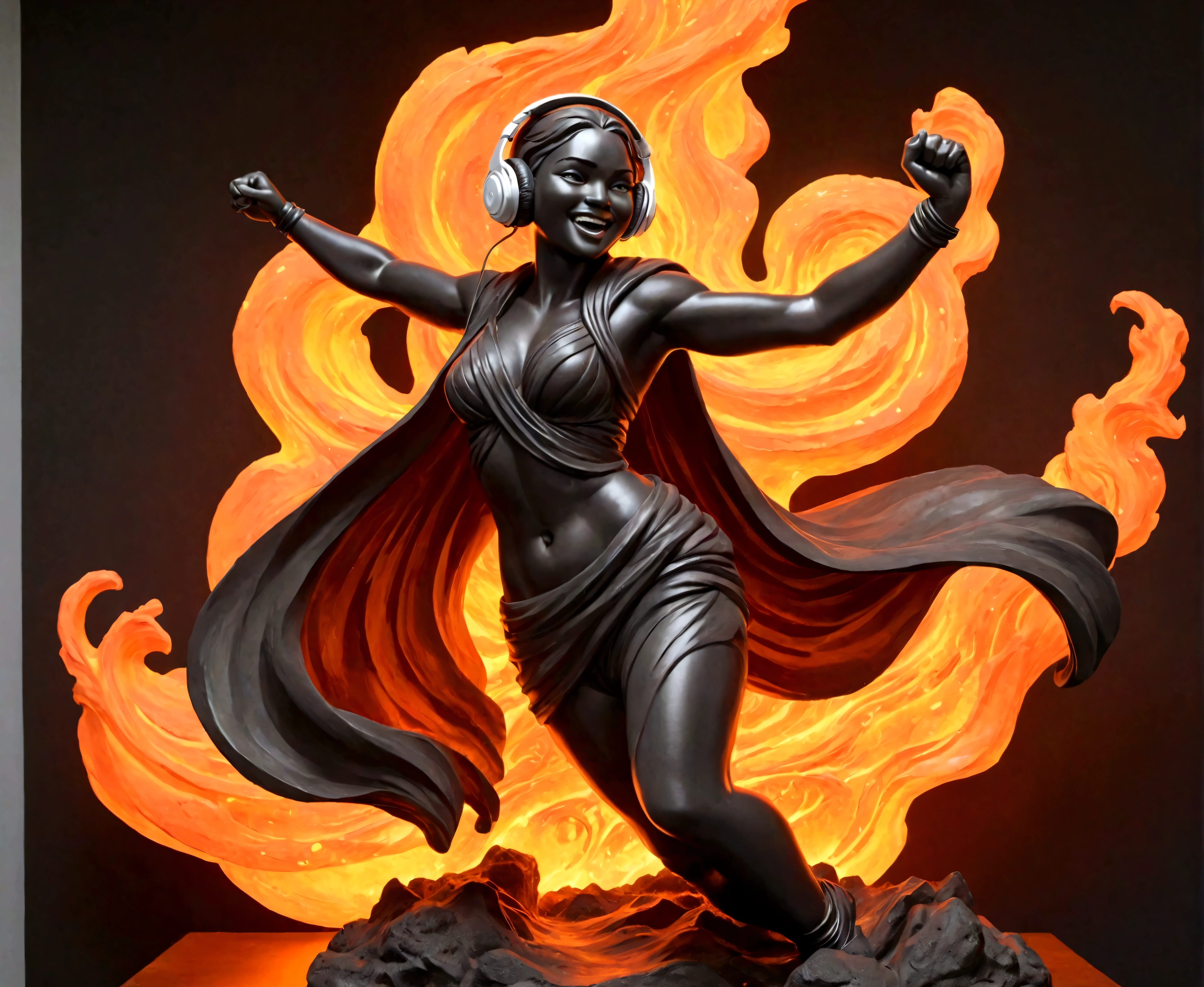 A beautifully sculpted and powerful lava representation of a woman in motion captures the essence of a Renaissance masterpiece. Wearing headphones, raising a fist, winking, let's go! , idol, cute, smiling, gut punch, futuristic full body coordination, attracting audience, bustle, energetic, dynamic position, bright studio, poster-like scene, high tension rhythm, eyes The flowing robes and dynamic pose suggest grace and vigor frozen in time. This stunning sculpture, possibly a lava sculpture, exudes elegance and strength, with intricate details that demonstrate the artist's skill and vision. The blend of classic beauty and fiery intensity makes this piece a true work of art.