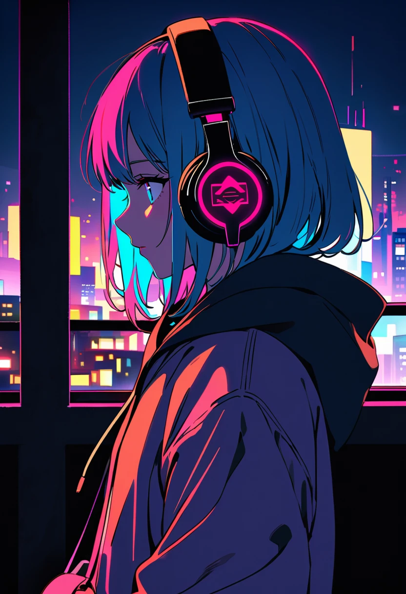 Masterpiece, top-tier quality, 16K UHD, flat color, tween girl, profile,Cityscape at Night, solo, introspective, reflective, contemplative, gaze fixed on the highway, headphones on, hoodie, long exposure photography, light trails crisscrossing the night sky, detailed facial features, highlighted by the city lights, fair skin with a natural glow, rooftop setting with the city's twinkling lights as a backdrop,She's leaning on her elbows, ((fullbody)),side angle, ,depth of field,portrait, (best quality, masterpiece, ultra highres, ultra-detailed:1.2) ,