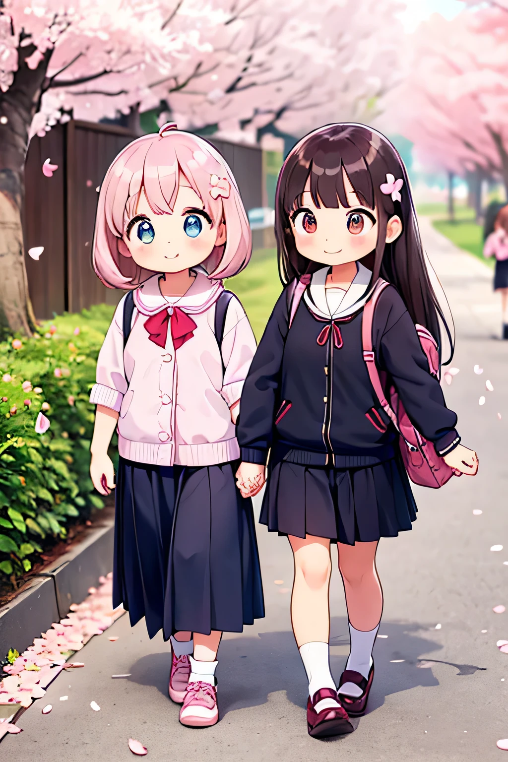 highest quality、High resolution、Detailed Background、(Detailed eyes:1.2)、10 year old beautiful girl、(Highly detailed face:1.4)、Huge breasts、Cute hair color、Cute hairstyle、
Carrying your backpack tightly、Walking energetically with small steps、
(The sight of children happily walking to school holding hands with their friends, chatting with smiles on their faces, and surrounded by falling cherry blossom petals:1.5)、
So cute!、It's soothing to watch.、
The way to school、A moment of fun、
Of girls with exciting hearts、A scene of friendship、
I can't help but smile、Such a day々In the scenery、
Watching over your little back makes me feel kind、
Because we wish for a childlike innocence and healthy growth、
A light blue uniform-style sailor dress with the hope that she will make her life better from now on.、
Stylish and clean-looking T-shirts and polo shirts with designs decorated with frills and ribbons、Skirts and culottes are suitable、Jackets and cardigans are recommended、
The design is decorated with ribbons and lace for a cute look.、Sneakers or flat shoes are recommended