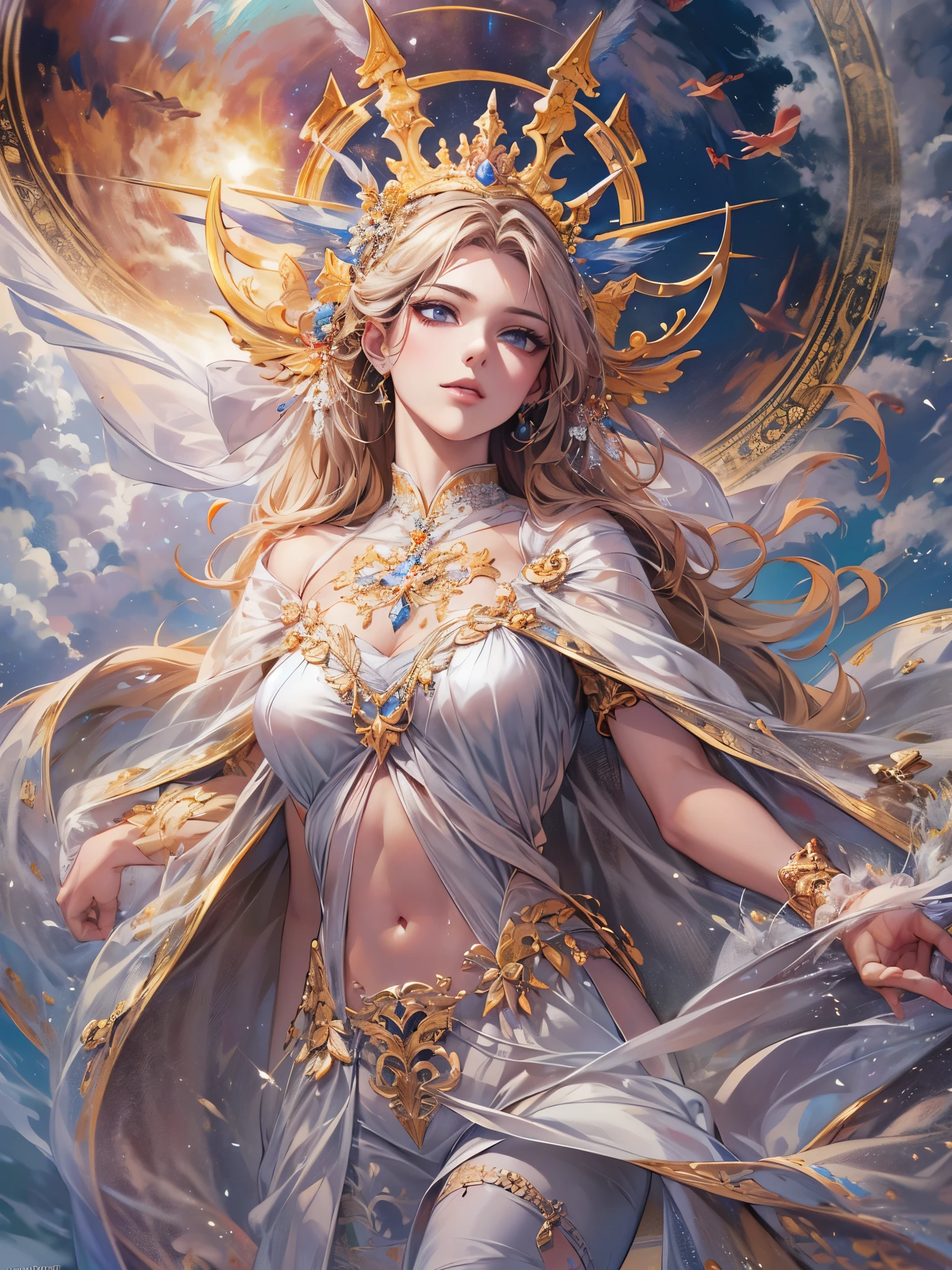((highest quality)),(Ultra-high resolution),(Very detailed),(Detailed Description),((The best CG)),(A masterpiece),Ultra-detailed art,Amazing drawing art,(Art with precise details:1.5), (1 adult female:1.6),(Beautiful and well-proportioned face:1.5),smile:1.6, creation of heaven and earth,Heaven and earth are opened,Unparalleled in the world,Invincible