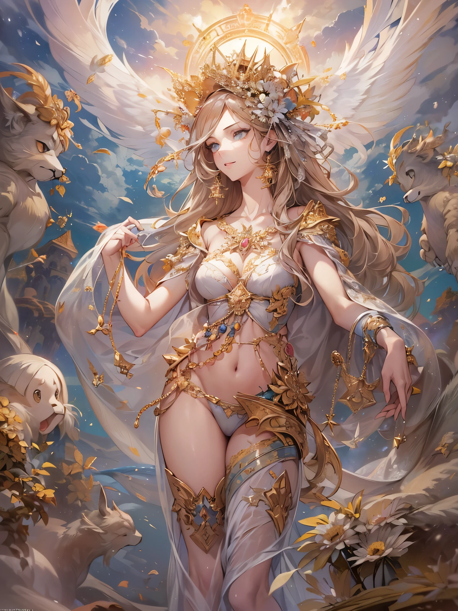 ((highest quality)),(Ultra-high resolution),(Very detailed),(Detailed Description),((The best CG)),(A masterpiece),Ultra-detailed art,Amazing drawing art,(Art with precise details:1.5), (1 adult female:1.6),(Beautiful and well-proportioned face:1.5),smile:1.6, creation of heaven and earth,Heaven and earth are opened,Unparalleled in the world,Invincible