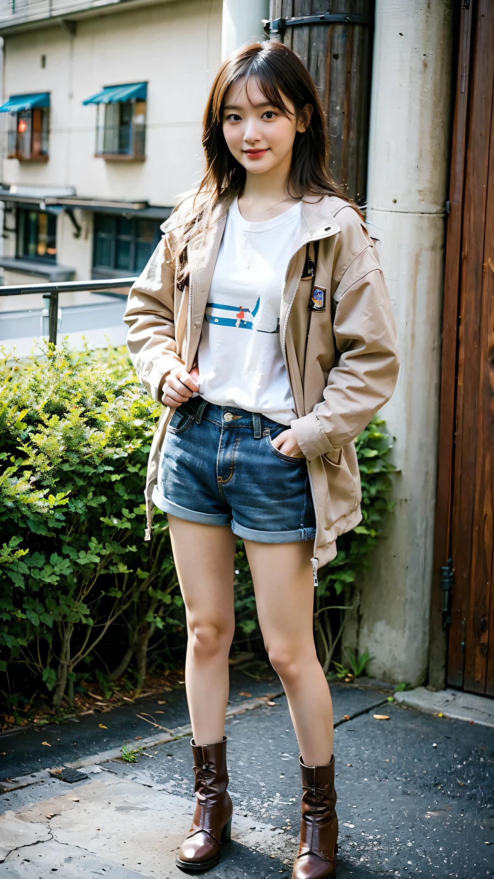 (8k、RAW Photos、highest quality、masterpiece:1.2)、(Realistic、Realistic)、1 girl、((garden、smile、Large Breasts、Shorts、Semi-long hair、Jacket、boots、smile、Standing with hands on hips))、