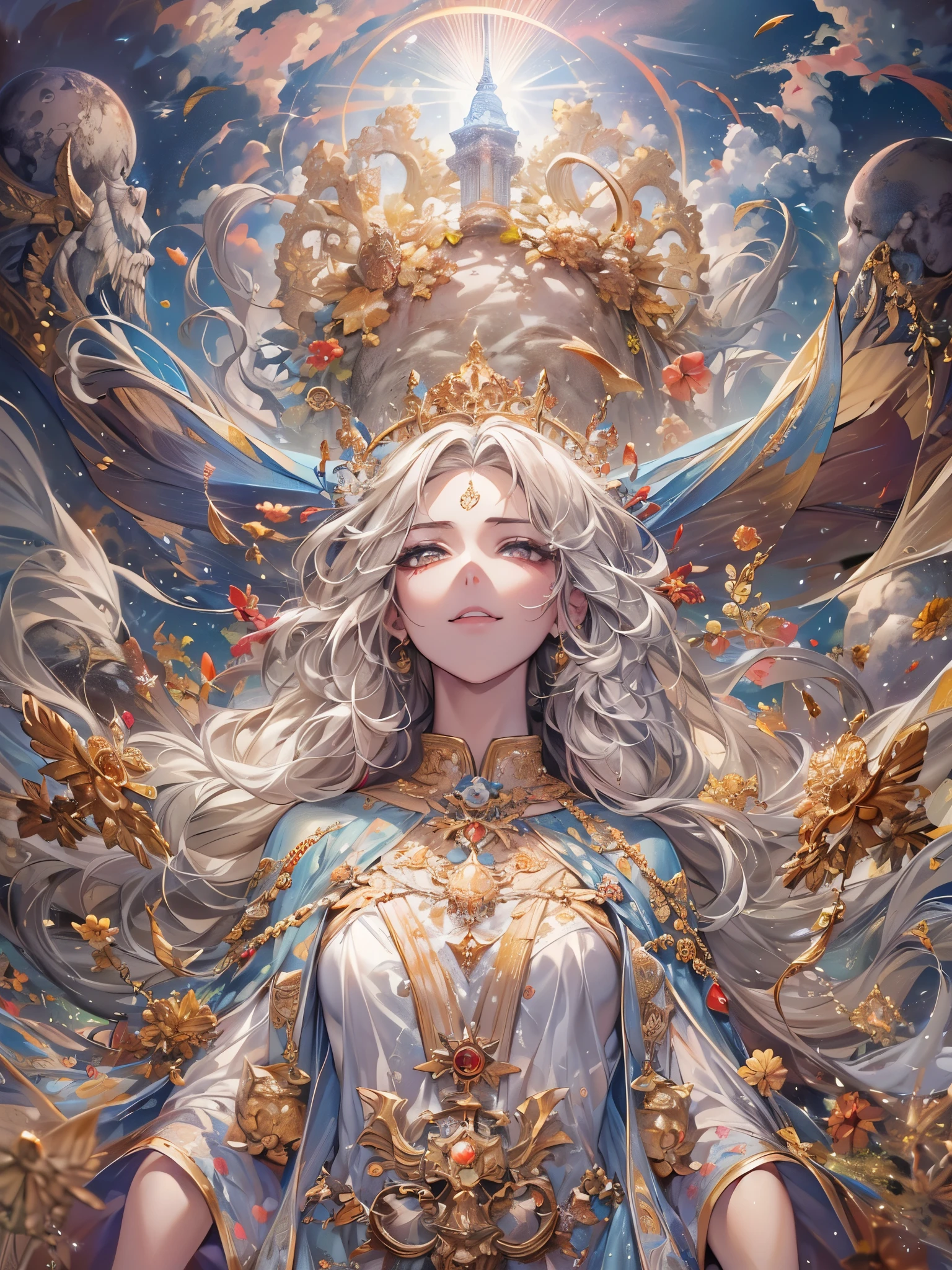 ((highest quality)),(Ultra-high resolution),(Very detailed),(Detailed Description),((The best CG)),(A masterpiece),Ultra-detailed art,Amazing drawing art,(Art with precise details:1.5), (1 adult female:1.6),(Beautiful and well-proportioned face:1.5),smile:1.6, creation of heaven and earth,Heaven and earth are opened,Unparalleled in the world,Invincible