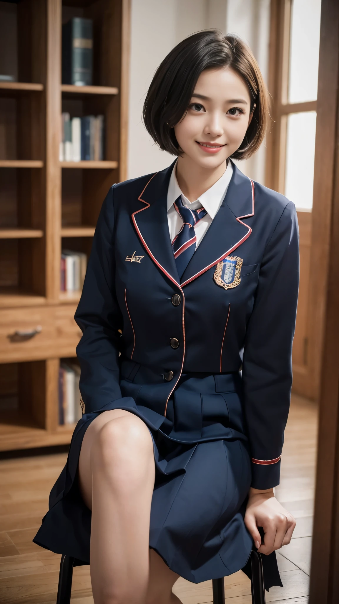 (dramatic angle)(school uniform)Mix 4,ultra detail  (8k, RAW Photos, 最high quality, masterpiece: 1.45), (Realistic, Photorealistic: 1.37), （Ultra high definition）（Textured skin）（Very detailed）（high quality）（最high quality）（First Person View）Beauty Women,Sitting,smile,short hair