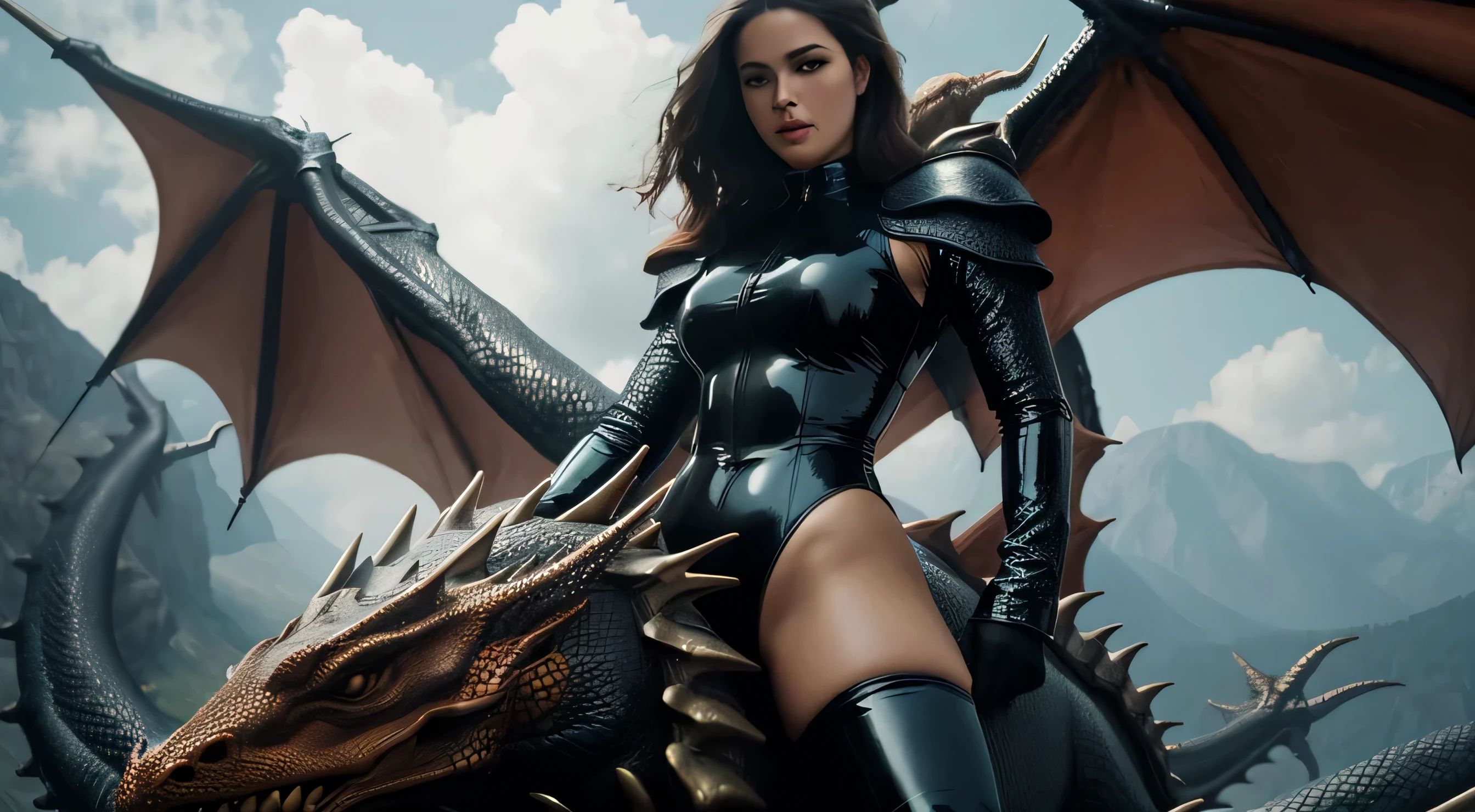 Woman dressed in latex leotard riding on a dragon, ultra detailed, photorealistic, masterpiece.