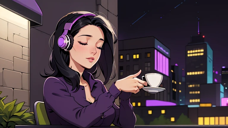 Beautiful woman in her 30s with black hair is sitting with headphones on the cafe terrace. Looking down, eyes closed, LOFI girl, alone in the room, blouse, cozy wallpaper, relaxing mood, night core, cozy, only five fingers, purple wall, European cityscape
