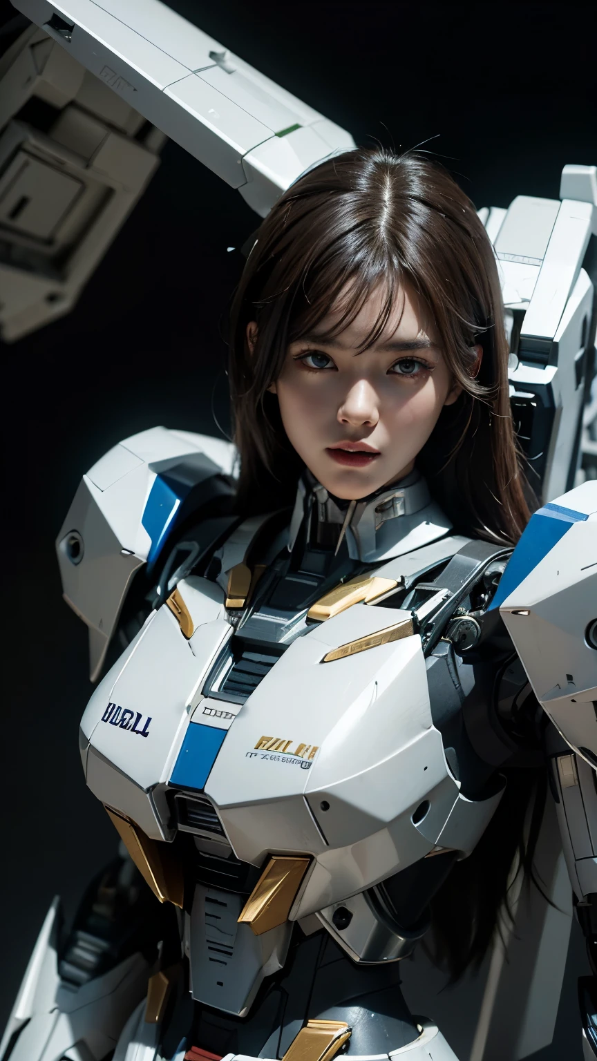 Textured skin, Super Detail, high details, High quality, Best Quality, hight resolution, 1080p, hard disk, Beautiful,(Gundam),beautiful cyborg woman,Mecha Cyborg Girl,Battle Mode,Girl with a Mecha Body,She wears a futuristic Gundam mecha,Fulll body Shot