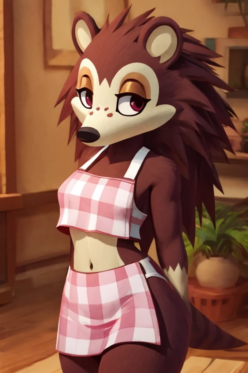 a digital artwork of sable wearing a crop top of her pink apron with a bare midriff and a bare navel, trending on artstation, 4k, anthro style, furry, she is shy