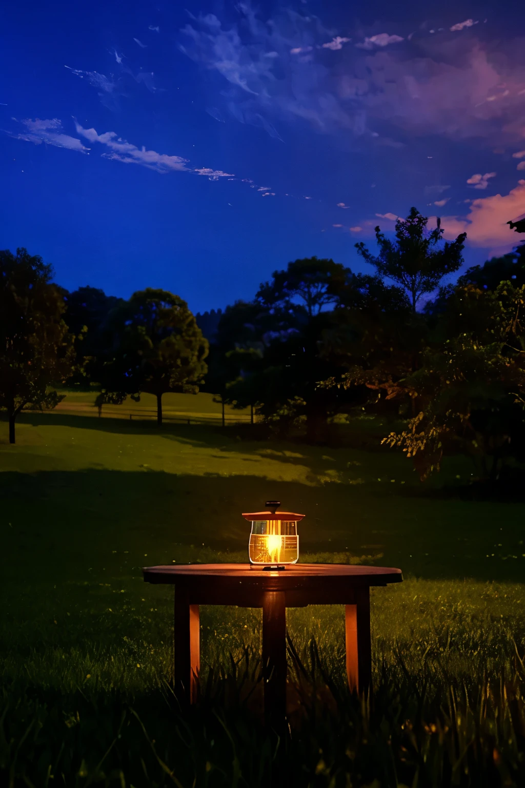 (highest quality:1.5)。Afterglow Sky。(A small table on the grass)。A lit lamp on a table。